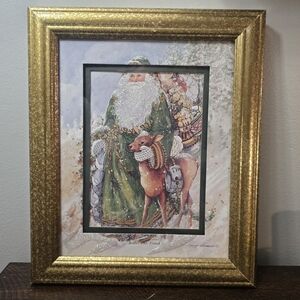Peggy Abrams Santa's Deer Friend Signed Framed Matted Print